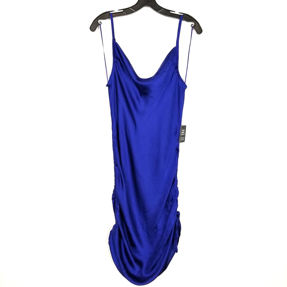 Express Women Royal Blue Satin Slip Midi Dress Sz L Ruched Side Party‎ Event